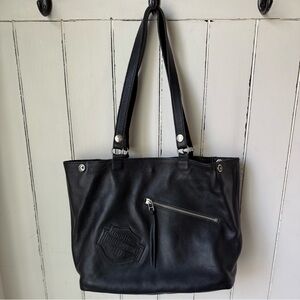 Vintage Harley Davidson Black Logo Pebble Leather Shoulder Bag Purse Tote Snaps